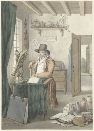 Jacob Willemz de Vos - Portret van de kunstenaar Jacob Smies in een atelier met kunstvoorwerpen.webp
