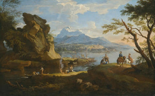 Jacob de Heusch - A Harbour Scene With Fishermen Returning To Shore Some Travellers Setting Up Camp And Two Riders On A Pass Mountains Beyond.webp