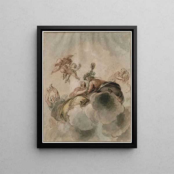 Bacchantes och putti bland molnen - Jacob de Wit — inramlat konstverk på väggen