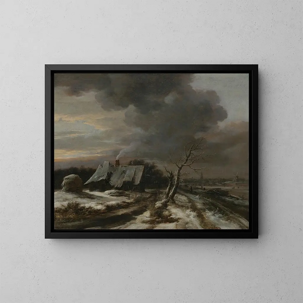 ett vinterlandskap med utsikt över floden Amstel och Amsterdam i fjärran - Jacob van Ruisdael — inramlat konstverk på väggen