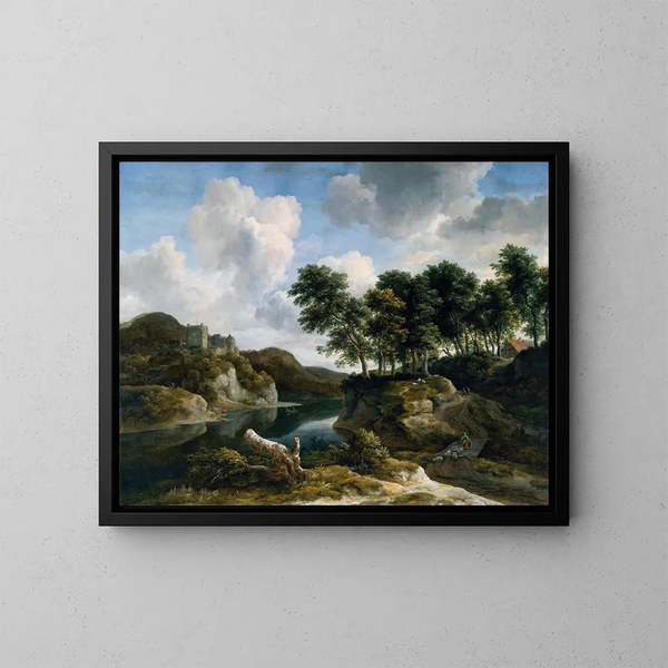 flodlandskap med ett slott på en hög klippa - Jacob van Ruisdael — inramlat konstverk på väggen