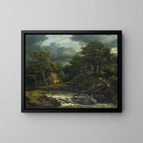 ett skogigt landskap med vattenfall och förestående åska - Jacob van Ruisdael — inramlat konstverk på väggen