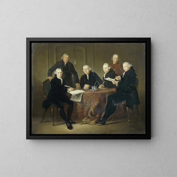 Les Quatre Régents, le Secrétaire et le Père de la Maison des Lépreux d'Amsterdam 1773 - Jacobus Luberti Augustini — inramlat konstverk på väggen