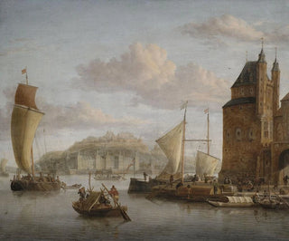 Jacobus Storck - Nrdlicher Hafen an einem Schloss mit zahlreichen Lastbooten und Kaufleuten.webp
