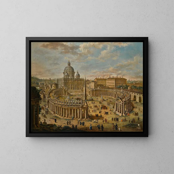 panoramavy av Petersplatsen med basilikan i bakgrunden - Jacopo Fabris — inramlat konstverk på väggen