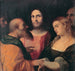 Jesus och den överraskade kvinnan i äktenskapsbrott - Jacopo Palma Il Vecchio — vy av konstverket