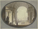 Vy genom en bågformad valv med kassetter på ett torg inspirerat av Petersplatsen i Rom, med en byggnad som liknar det romerska Pantheon på toppen. - Jacques-François Blondel — vy av konstverket