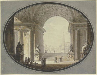 Vy genom en bågformad valv med kassetter på ett torg inspirerat av Petersplatsen i Rom, med en byggnad som liknar det romerska Pantheon på toppen. - Jacques-François Blondel — vy av konstverket