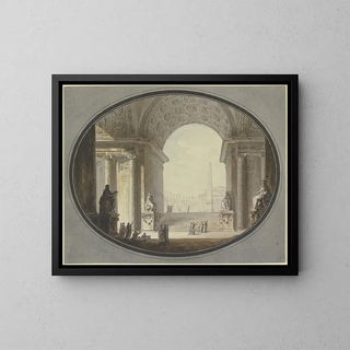 Vy genom en bågformad valv med kassetter på ett torg inspirerat av Petersplatsen i Rom, med en byggnad som liknar det romerska Pantheon på toppen. - Jacques-François Blondel — inramlat konstverk på väggen