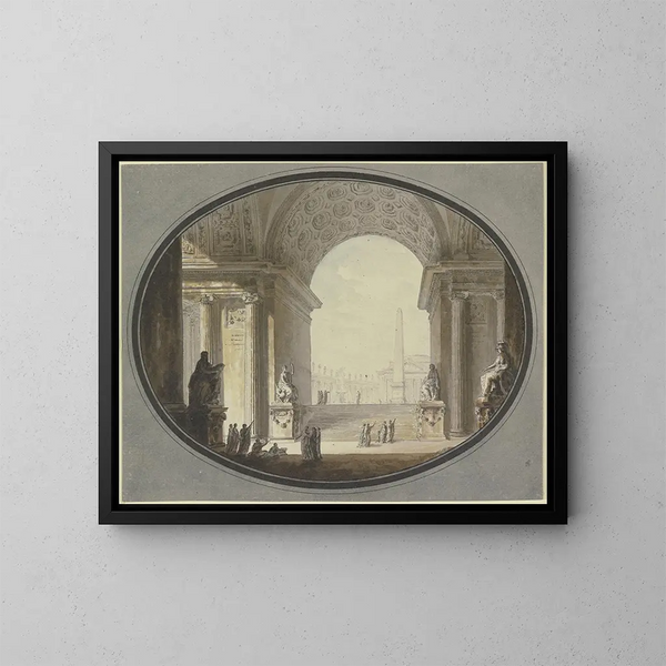 Vy genom en bågformad valv med kassetter på ett torg inspirerat av Petersplatsen i Rom, med en byggnad som liknar det romerska Pantheon på toppen. - Jacques-François Blondel — inramlat konstverk på väggen