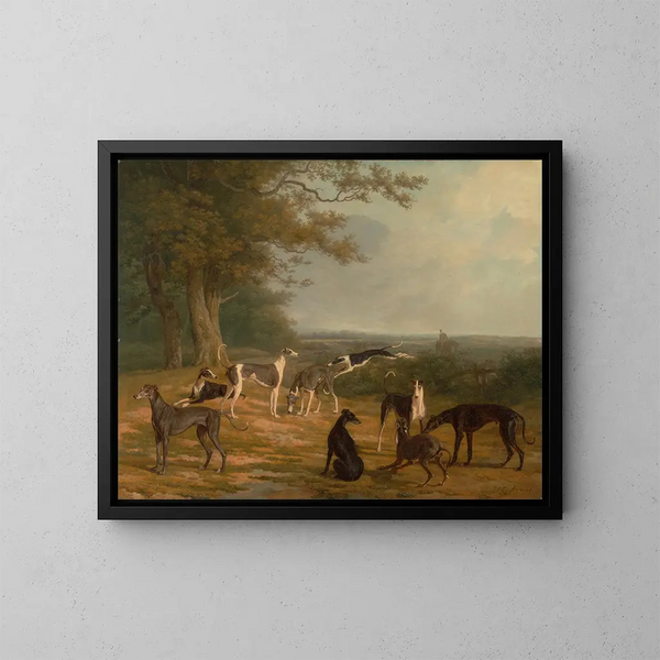 nya greyhounds i ett landskap - Jacques-Laurent Agasse — inramlat konstverk på väggen