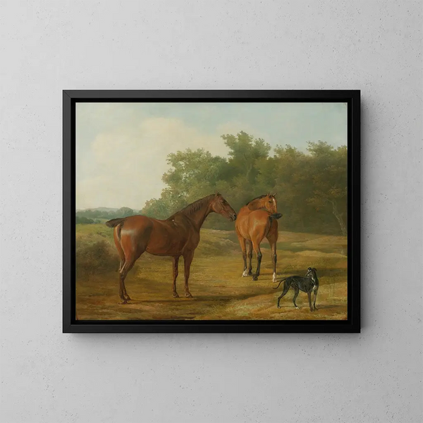 två hästar och en greyhound i ett landskap - Jacques-Laurent Agasse — inramlat konstverk på väggen
