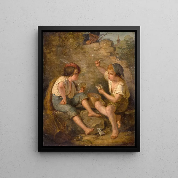 Jacques Alfred van Muyden - Zwei Buben beim Kartenspiel beobachtet von einem Lehrer hinter der Steinmauer.webp
