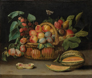 Jacques Linard - Still Life With Fruit In A Wicker Basket With A Cut Melon.webp
