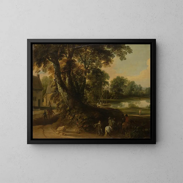 Landskap med en grupp träd vid en sjö, tre ryttare på vägen i förgrunden - Jacques d'Arthois — inramlat konstverk på väggen