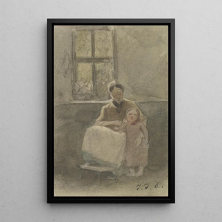 Jakob Frchtegott Dielmann - Eine Frau an einem Fenster sitzend hlt ein neben ihr stehendes Kind.webp