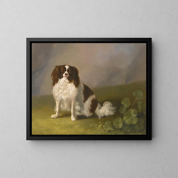 Porträtt av en King Charles spaniel i ett landskap - Jakob Philipp Hackert — inramlat konstverk på väggen