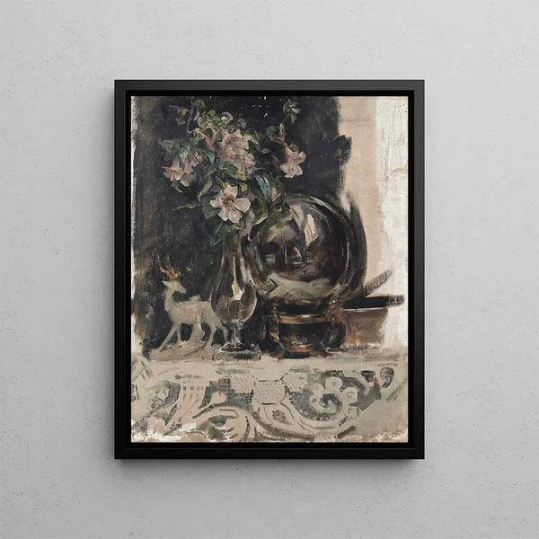 James Jebusa Shannon - Still life of flowers a statue and a globe on a mantelpiece.webp