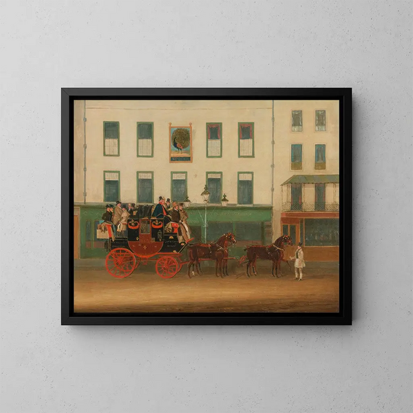 Le carrosse de Londres à Manchester, le Peveril of the Peak, devant l'auberge Peacock à Islington - James Pollard — inramlat konstverk på väggen