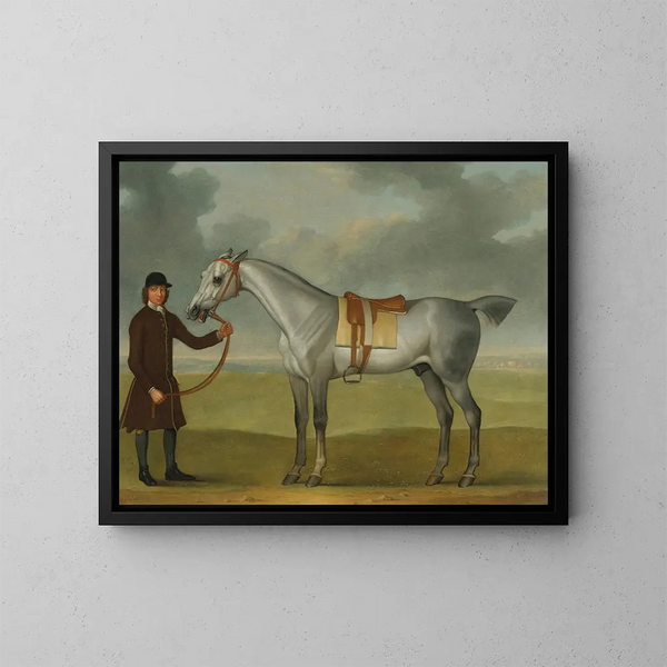 M. Thomas Panton och en grå tävlingshäst hålls av en groom på Newmarket Heath - James Seymour — inramlat konstverk på väggen
