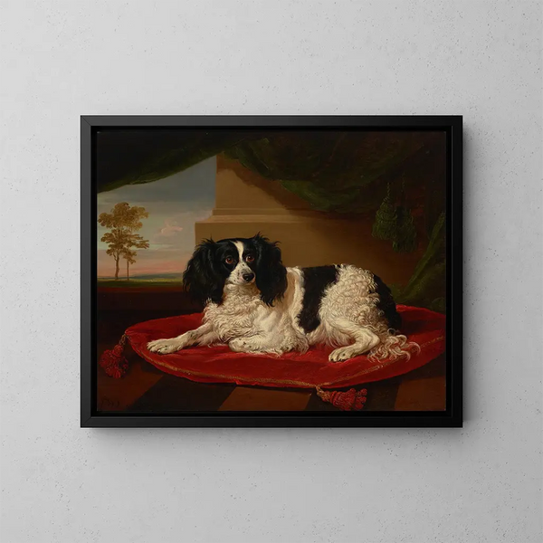En king charles spaniel på en röd kudde - James Ward — inramlat konstverk på väggen