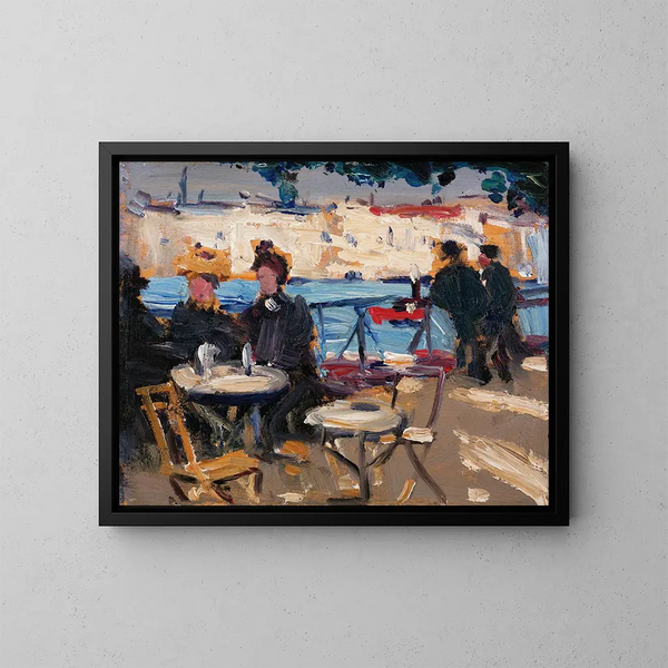 En kaféscen - James Wilson Morrice — inramlat konstverk på väggen