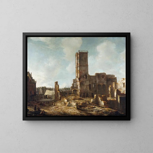 de gamla stadshusruinerna i Amsterdam efter branden den 7 juli 1652 - Jan Abrahamsz Beerstraaten — inramlat konstverk på väggen