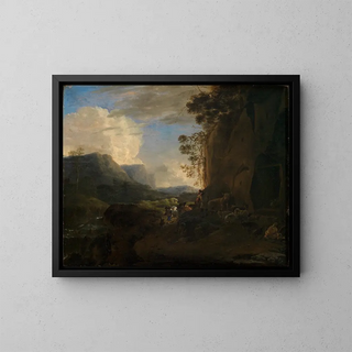 Vallée montagneuse rocheuse avec ruisseau et groupe de bergers - Jan Asselijn — inramlat konstverk på väggen