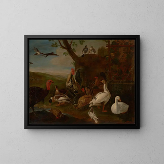 Jan Baptist Boel - A turkey a rooster chickens geese ducks pigeons and doves by a well in a landscape.webp