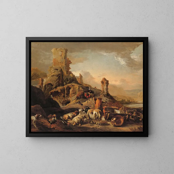 Bergère et son troupeau sur un chemin - Jan Baptist Weenix — inramlat konstverk på väggen