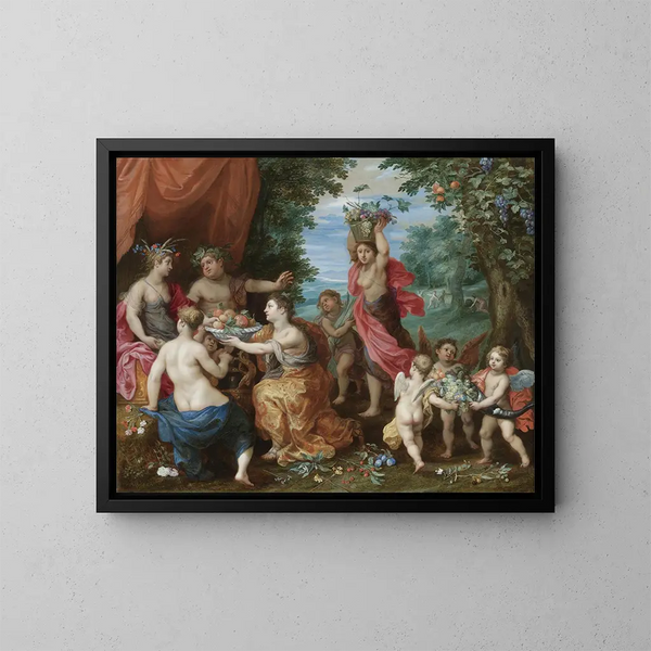 En bacchanal med Ceres, Bacchus och Venus - Jan Brueghel den yngre — inramlat konstverk på väggen