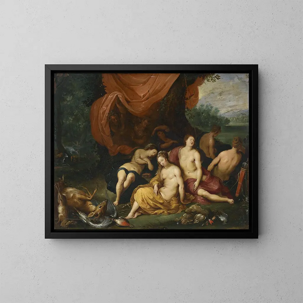 Diane och hennes nymfer efter jakten - Jan Brueghel den Yngre — inramlat konstverk på väggen
