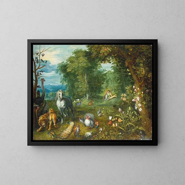 Le Paradis avec la Création d'Eve - Jan Brueghel le Jeune — inramlat konstverk på väggen