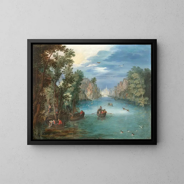 ett flodlandskap med figurer - Jan Brueghel den yngre — inramlat konstverk på väggen