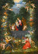 målning La Sainte Famille dans une guirlande de fruits, fleurs et légumes tenue par des anges - Jan Brueghel le Jeune — vy av konstverket
