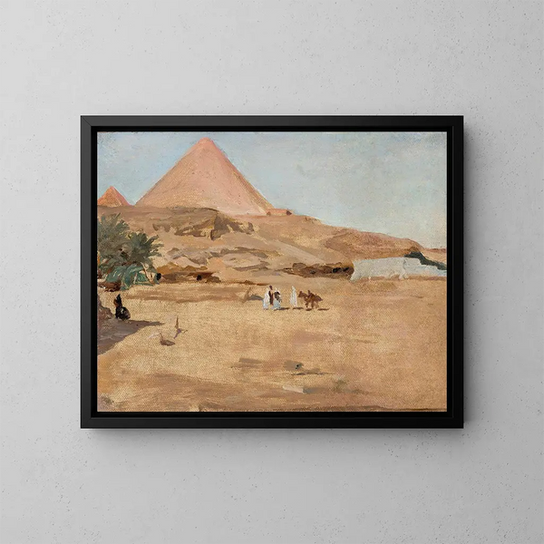 Motiv av öken och pyramid från resan i Egypten - Jan Cybis — inramlat konstverk på väggen