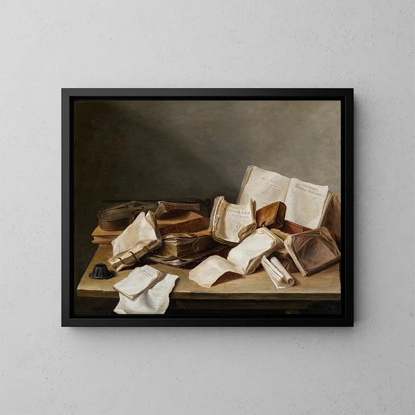 stilleben med böcker och en fiol - Jan Davidsz de Heem — inramlat konstverk på väggen