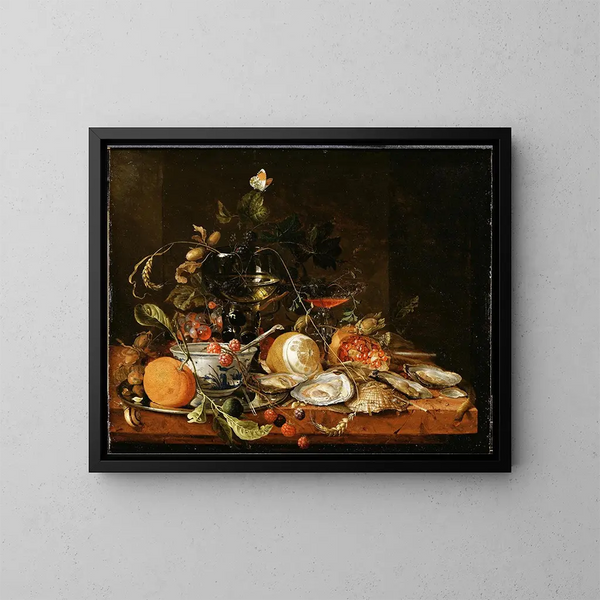 naturtavla med vin, frukt och ostron - Jan Davidsz de Heem — inramlat konstverk på väggen