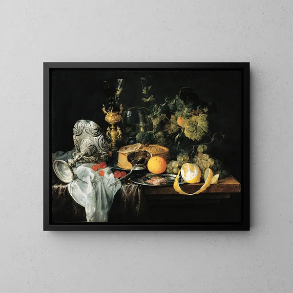 en storslagen stilleben med fruktpaj och koppar - Jan Davidsz de Heem — inramlat konstverk på väggen