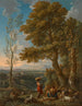 En klassisk italiensk landskap med en getherde och sina får på bergen bortom - Jan Frans van Bloemen — vy av konstverket
