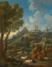 Klassiskt italienskt landskapskonsttryck med en herde och hans flock, andra personer och en stad på toppen av en kulle bortom - Jan Frans van Bloemen — vy av konstverket