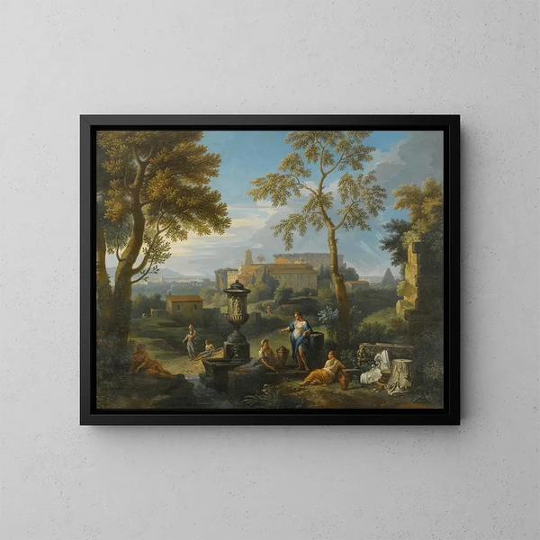 klassiska figurer sittande nära ruiner i ett italienskt landskap - Jan Frans van Bloemen — inramlat konstverk på väggen