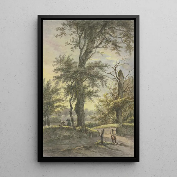 Jan Hulswit - Eiche darunter zwei Mnner auf dem Weg ein Hund bei einem Pfahl im Licht der Abendsonne.webp