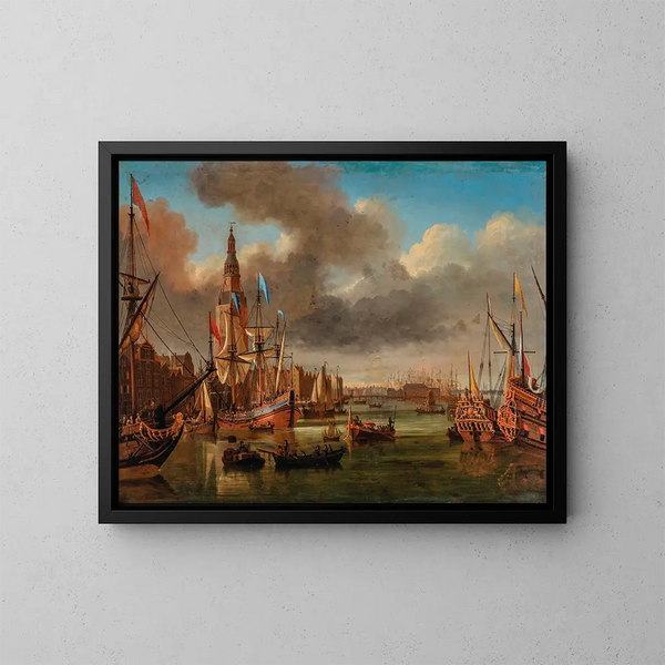 Vue de l'IJ à Amsterdam avec la Haringpakkerstoren et la Nieuwe Stadsherberg au loin - Jan Karel Donatus van Beecq — inramlat konstverk på väggen