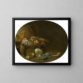 Jan Olis - A Kitchen Still Life Of A Hare A Mallard Artichokes Cabbage Pears A Fish On An Earthenware Platter And Pots And Pans.webp