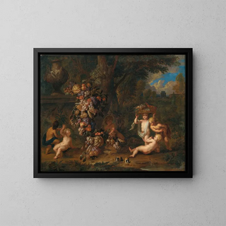 Jan Pauwel Gillemans the Younger - Landscape with six putti playing with a garland of fruit and two guinea pigs in the foreground.webp