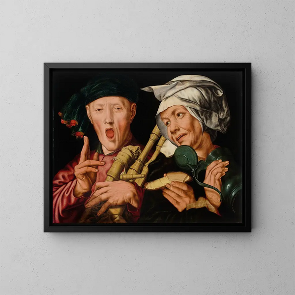 Le joueur de cornemuse et la femme joyeuse - Jan Sanders van Hemessen — inramlat konstverk på väggen