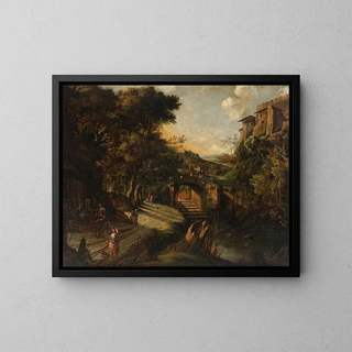 Jan Siberechts - An Italianate river landscape with figures along a path and buildings beyond.webp