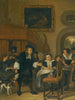 En gentleman erbjuder ett glas vin till en dam med ett par som spelar musik och andra invånare i staden i ett inomhusmiljö - Jan Steen — vy av konstverket