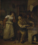 Långt konsttryck av en guldsmed som smälter smycken av en kvinna i närvaro av en notarie L'alchimiste - Jan Steen — vy av konstverket
